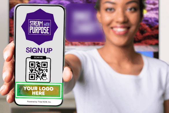 Woman holding phone with screen that says SIGN UP with a QR code and highlighted area underneath saying "YOUR LOGO HERE"